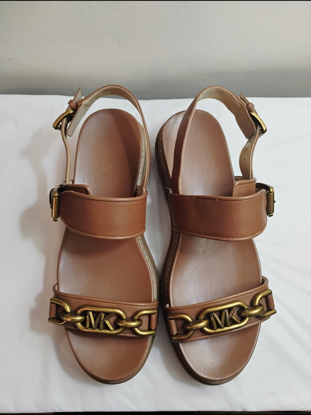 Michael Kors Tan Leather Sandals with Gold Chain Detail